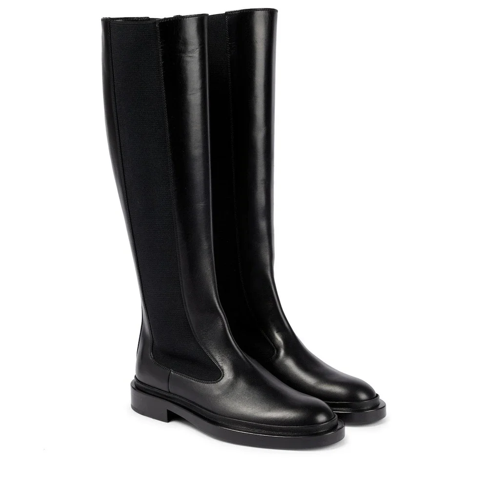 Jil Sander Black Leather Knee High Boots Elastic Sides‎ 39.5 New w/Imperfections